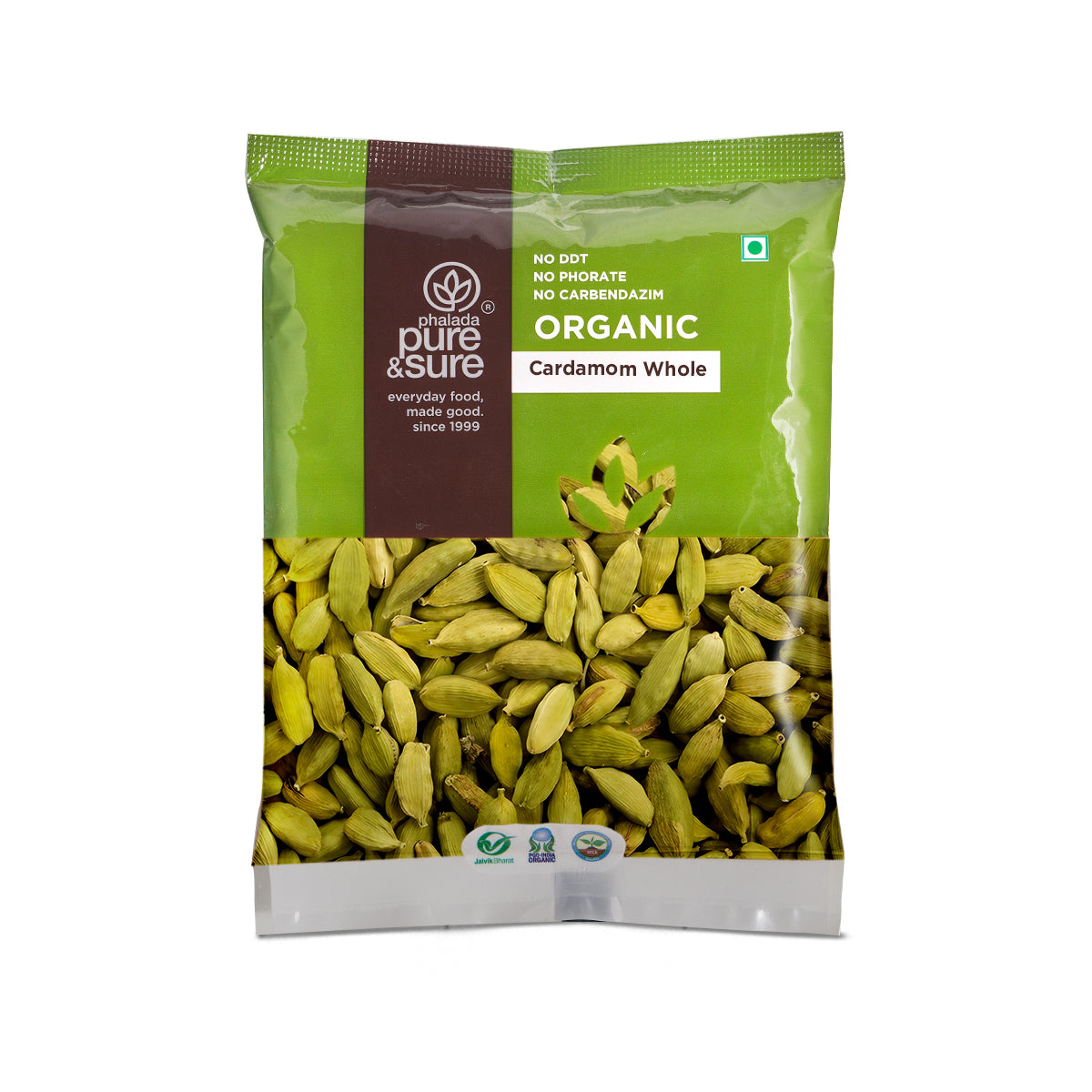Phalada Pure and sure- Organic  Cardamom Whole Front